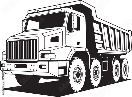 Dump truck vector illustration in a black and white line art style