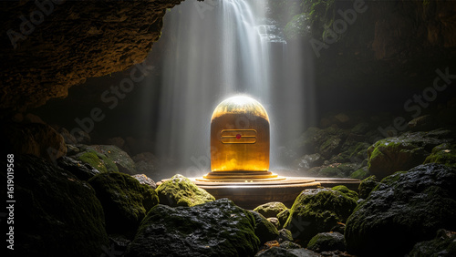 Golden Shiva Linga glowing beneath waterfall inside misty forest cave with mossy rocks