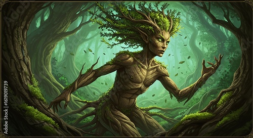 Tree Being Walking in Forest with Glowing Eyes