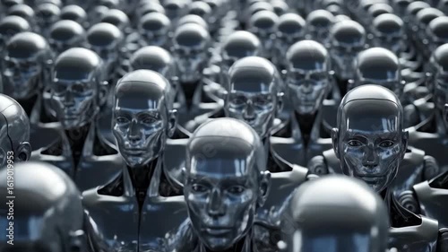 Wallpaper Mural A large crowd of identical metallic robot faces a futuristic and powerful image of artificial intelligence and factory automation and technology Torontodigital.ca