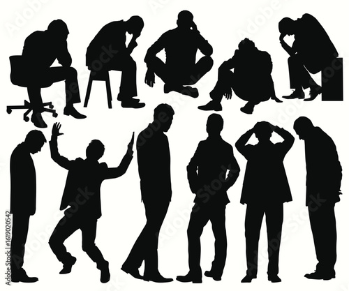 Financial depression stressed person silhouette. Lost mental health illustration. Sad or depressed businessman icon. Messy corporate Man Worried. Headache Stressed hopeless person shadow art.