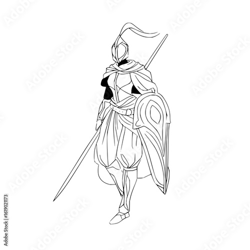 Warrior woman armor shield spear fantasy character design artwork illustration concept art design outline drawing