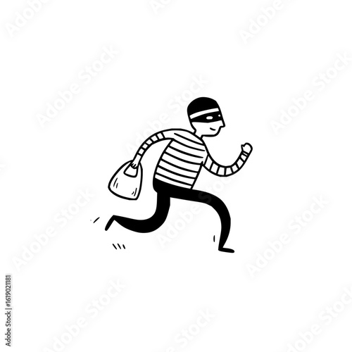 Cartoon thief running with bag criminal in mask black and white drawing illustration vector art robbery crime run
