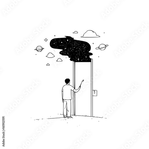 Man painting door to universe galaxy stars planets clouds cosmos dream surreal art illustration drawing design