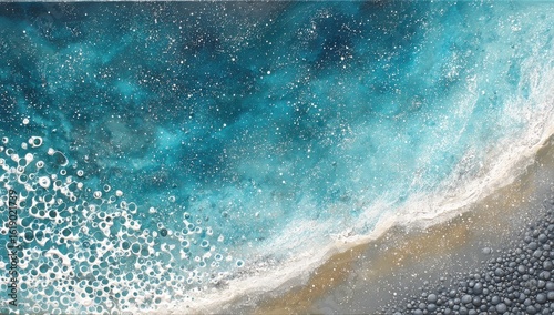 Coastal Ocean Wave Abstract Art, Beach, Turquoise, White Foam, Grey Sand