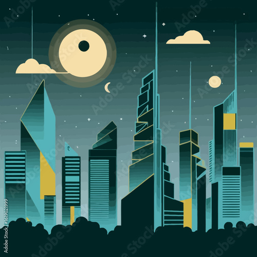 City futuristic outline skyline at night just neon light colorful outlines of buildings, capturing the spirit of ambition and success, with moon and cloud at top ."
