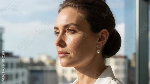 Serious professional businesswoman looking forward with determination while camera orbits around her in modern corporate office setting