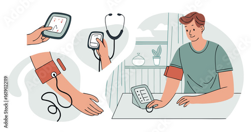 Person checking blood pressure with digital monitor and cuff with stethoscope and graph display created with generated ai