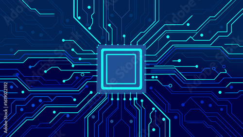 Illustration of a blue computer chip with glowing light blue lines and dots on a dark blue background created with generated ai