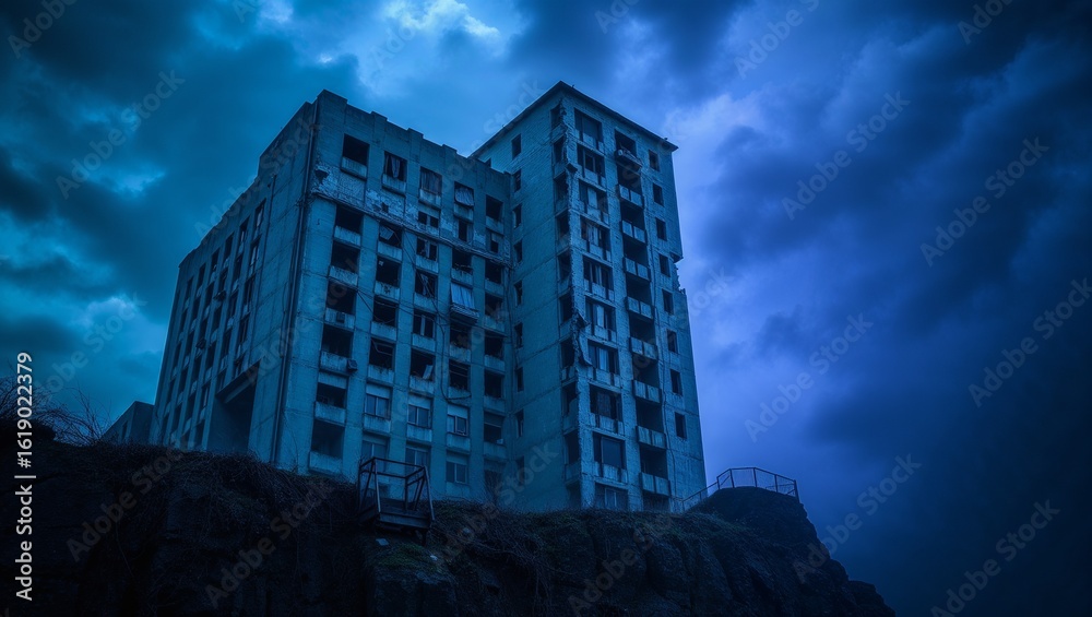 Fototapeta premium Verlassenes Hochhaus thront bedrohlich unter düsterem Himmel in apokalyptischer Abendstimmung