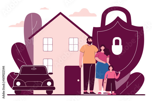 Family standing in front of house with car and security shield