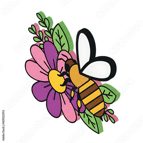 Pollinating bee flying near colorful flowers.