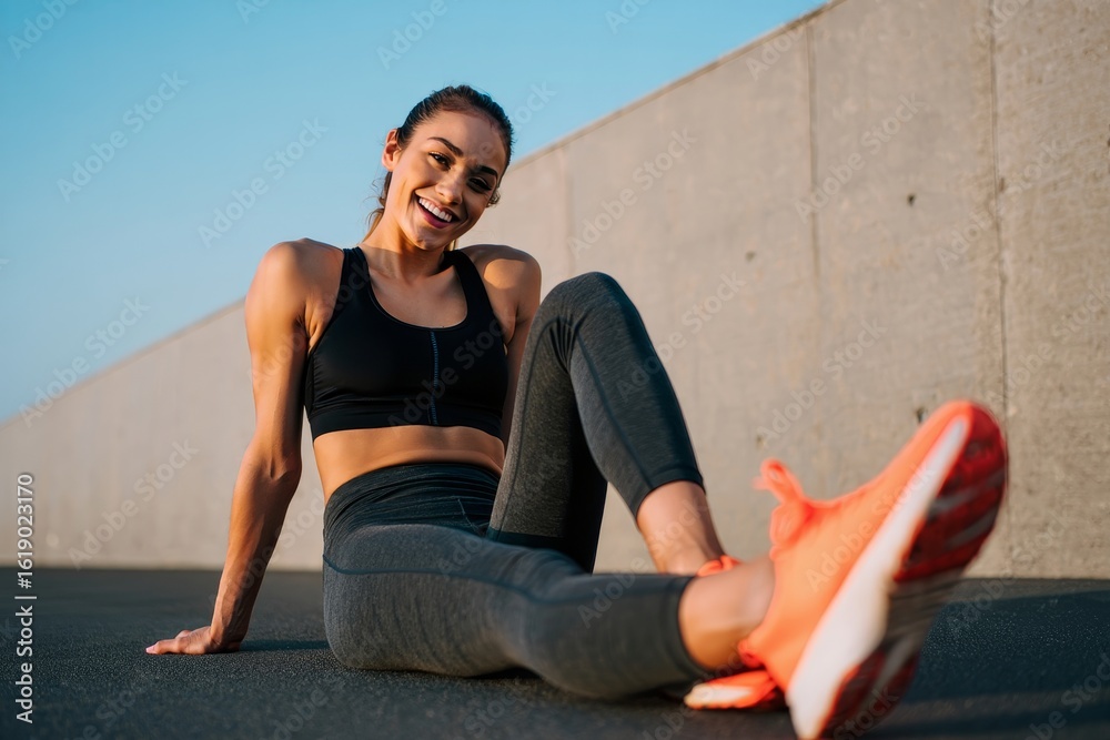 Obraz premium Smiling Woman Resting After Workout Against Wall