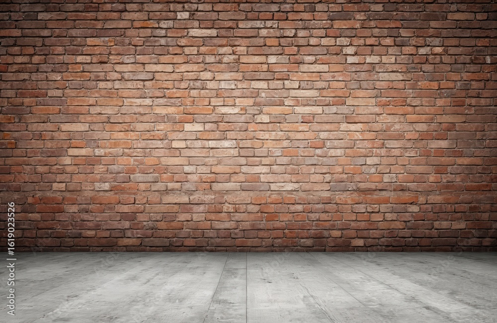 Fototapeta premium Weathered red brick wall with concrete floor provides vintage urban backdrop. Textured surface exhibits aged, cracked construction with abstract, grunge facade. Perfect for interior design, retro