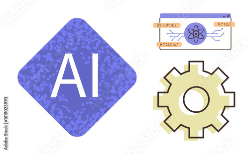 AI diamond emblem, digital interface with atom, and gear represent AI, technology, machine learning, automation, innovation, coding system optimization. Ideal for tech landing page