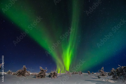 Stunning aurora borealis over Lapland night landscape. Bright green and purple northern lights dancing in the starry sky above snowy rural terrain. Long exposure photo of natural arctic phenomenon.