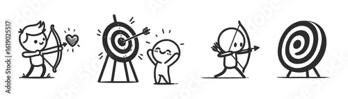 Minimalist sequence showing archery growth through stealth and confidence, vector