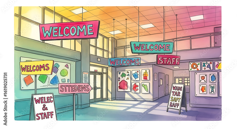 Fototapeta premium Cartoon illustration of a school entrance with welcome signs ai generated