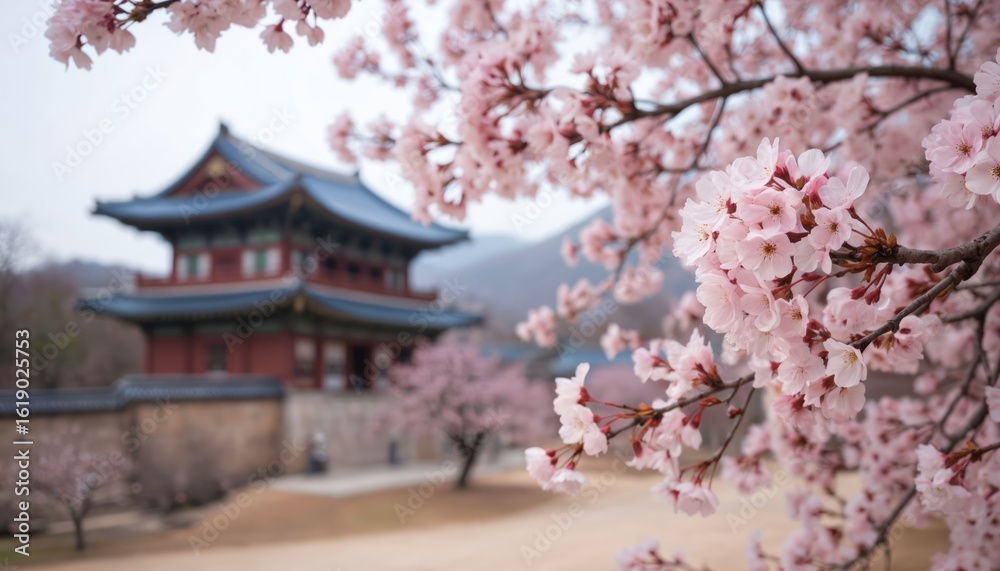 Pink cherry blossoms frame traditional Korean architecture during springtime. Soft focus background highlights blooming flowers. Peaceful scene with heritage buildings set in a tranquil park. Pink cherry blossoms frame traditional Korean architecture during springtime. Soft focus background highlights blooming flowers. Peaceful scene with heritage buildings set in a tranquil park.