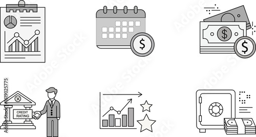  Financial Management & Banking Vector Icons: Reports, Calendar Payments, Money, Credit Rating, Performance & Safe Deposit