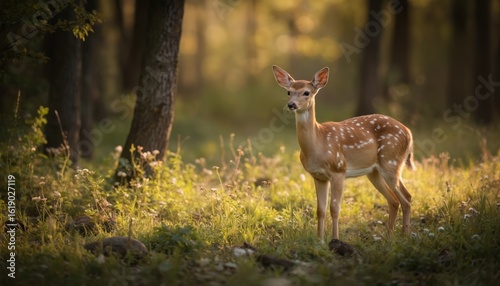 Young deer fawn with white spots stands in sunlit forest clearing. Soft golden light illuminates green meadow with wildflowers, trees. Cute baby animal in natural habitat represents innocence,
