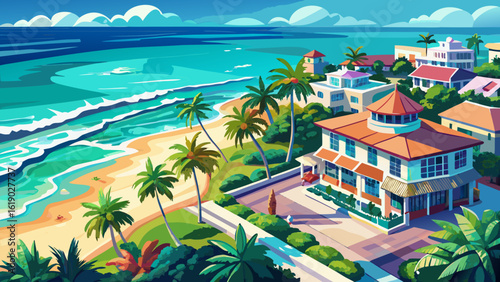 A water color of Palm Beach, aerial view of Florida blends turquoise waves with bright rooftops. Semi-realistic vector style captures soft gradients, palm-lined streets, and coastal charm from above.