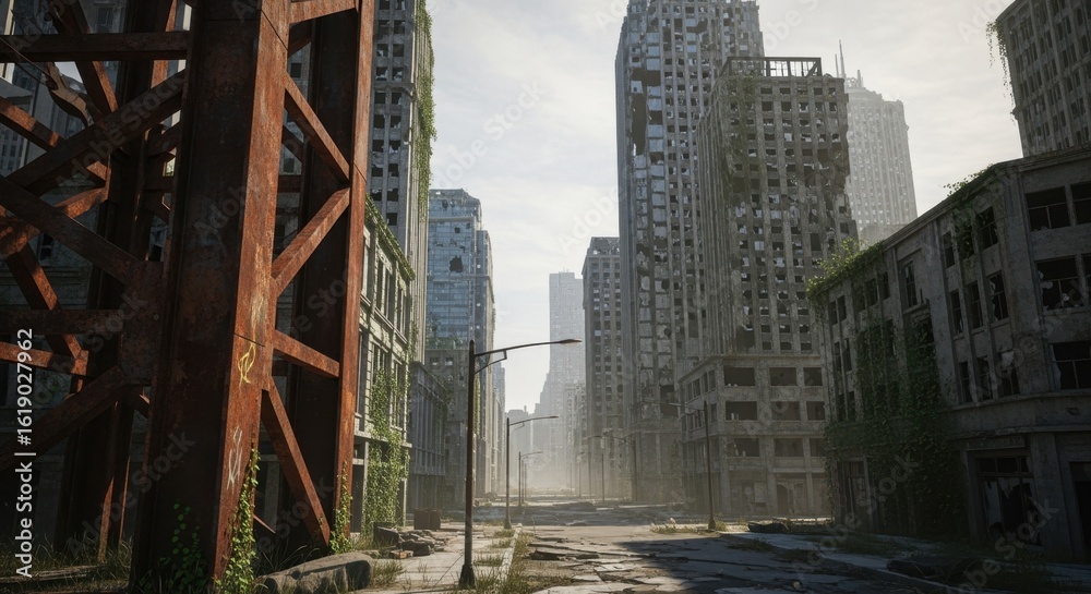 Fototapeta premium Conceptual digital scene of a ghost city with broken windows and rusted metal remains.