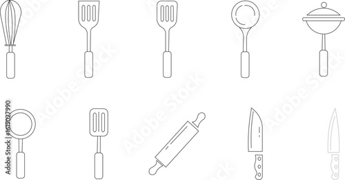 SocialKitchen Utensil Line Art Icons: Whisk, Spatula, Ladle, Rolling Pin & Knives for Cooking and Culinary Design Elements