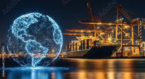 Illuminated globe outline made of points and lines combined with nighttime maritime transport hub.