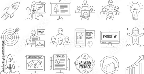 Startup & Business Development Vector Icons: Rocket Launch, Presentations, Teamwork, Idea, Target, MVP, Prototype & Growth