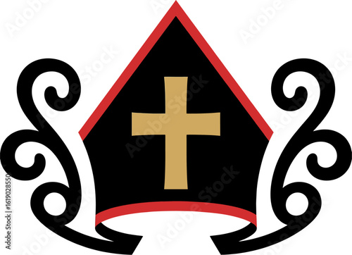 Two-Color Bishop Mitre Vector Illustration with Gold Cross and Red Ornamental Accents