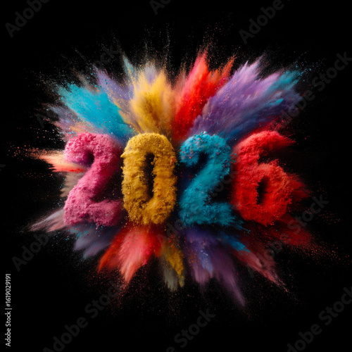 2026 colorful powder explosion on black background