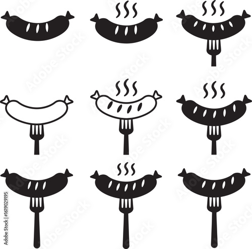 Grilled sausage icon set, barbecue and food vector