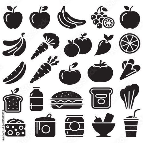 Illustration of various food items including fruits, vegetables, grains, and dairy products, showcasing a diverse range of nutritional options isolated on white background