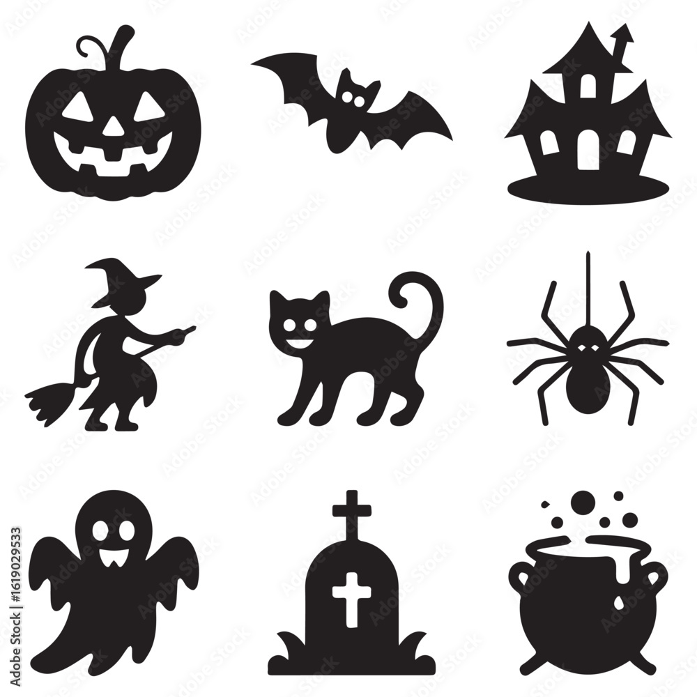 Fototapeta premium Collection of nine halloween icons including pumpkin, bat, haunted house, witch, cat, spider, ghost, tombstone, and cauldron isolated on white background, perfect for spooky designs