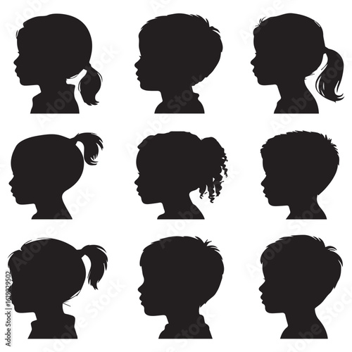 Collection of nine different childrens head silhouettes isolated on white background, featuring various hairstyles and profiles, perfect for design elements and artistic representations