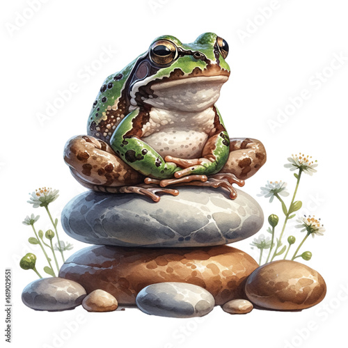 Frog Meditating on Stones: A serene frog practices meditation, perched atop a stack of balanced stones in a moment of tranquil mindfulness and the harmony of nature.