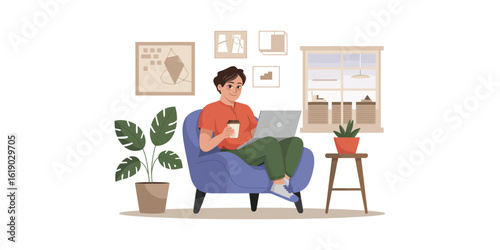 Man sitting in blue armchair holding coffee and using laptop in cozy home office with plants and framed pictures—symbolizing comfort and productivity