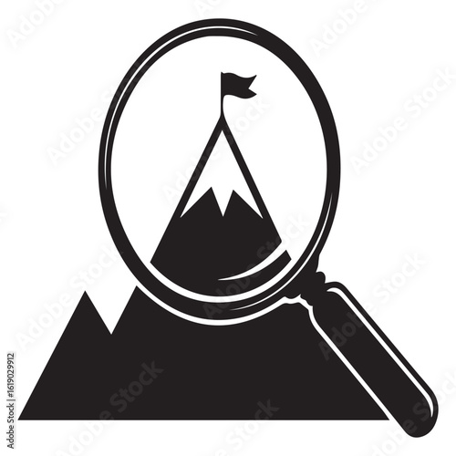 A magnifying glass focuses on a mountain peak with a flag, symbolizing success and achievement, isolated on white background ideal for business, leadership, and goaloriented themes