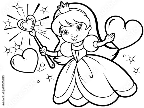 Magical girl with heart wand and sparkling hearts in coloring page  
