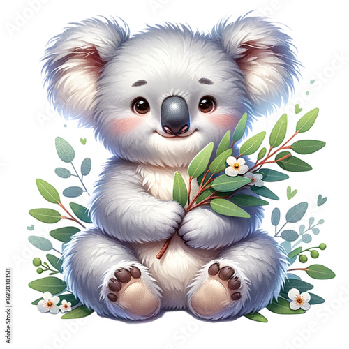 Adorable Koala and Eucalyptus Branch: A captivating illustration of a cute koala clutching a sprig of eucalyptus. Expressing innocence and warmth, this artwork is perfect for projects