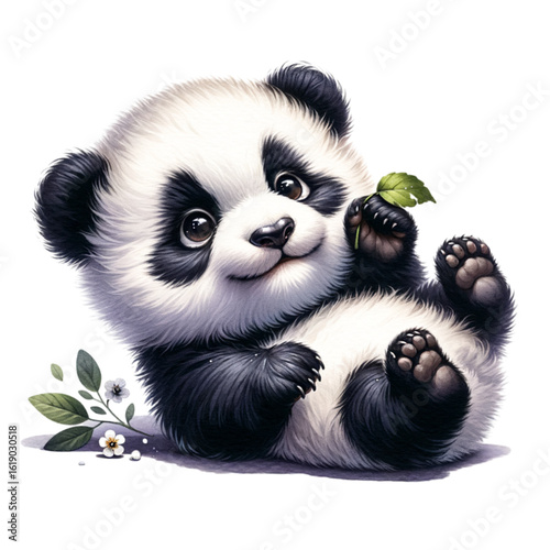 Playful Panda: A captivating illustration features a cute, cuddly panda, adorned with a soft black and white coat. This joyful creature holds a fresh leaf.