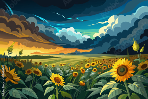 vector of The contrast between a stormy sky and a sunny field of sunflowers shows the changing mood of nature.