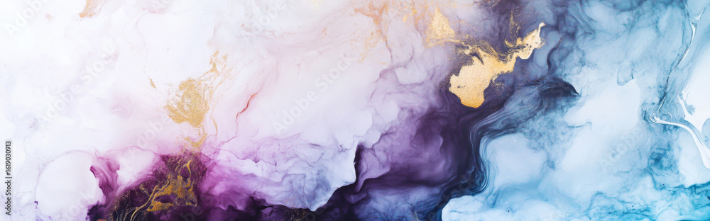 Naklejka premium Fluid marble swirl with white, pink, purple, blue and gold tones in luminous abstract composition