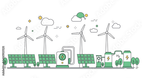 Sustainable energy generation with solar panels and wind turbines in flat design