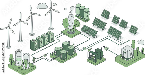Renewable energy system with wind turbines and solar panels in isometric style