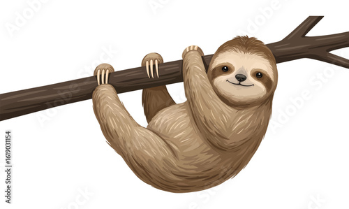 Lazy Sloth Hanging on Tree Branch – Vector Art