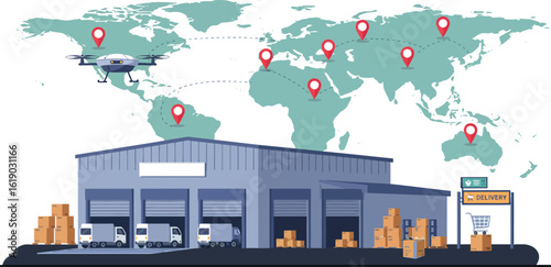 Global logistics hub with delivery drones and warehouse concept