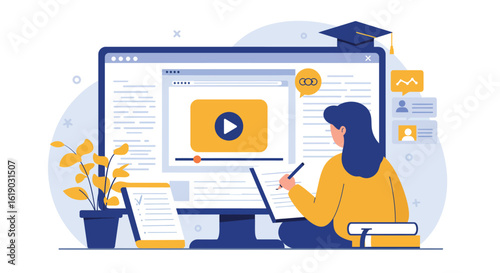 Online learning concept with student watching video course at home