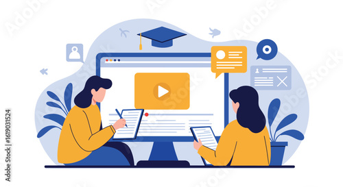 Online learning concept with people using digital devices for education